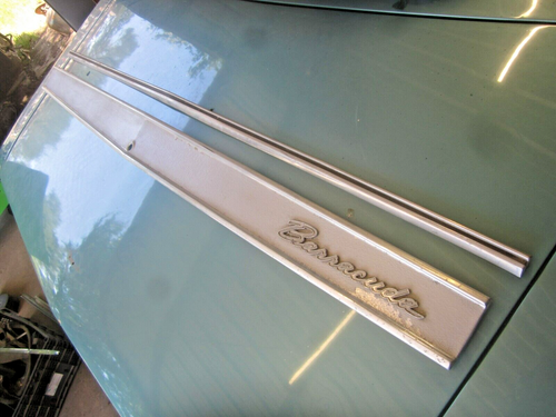 67 BARRACUDA TRUNK LID TRIM FINISH PANEL W/ EMBLEM MINT L@@K RARE PAIR OEM