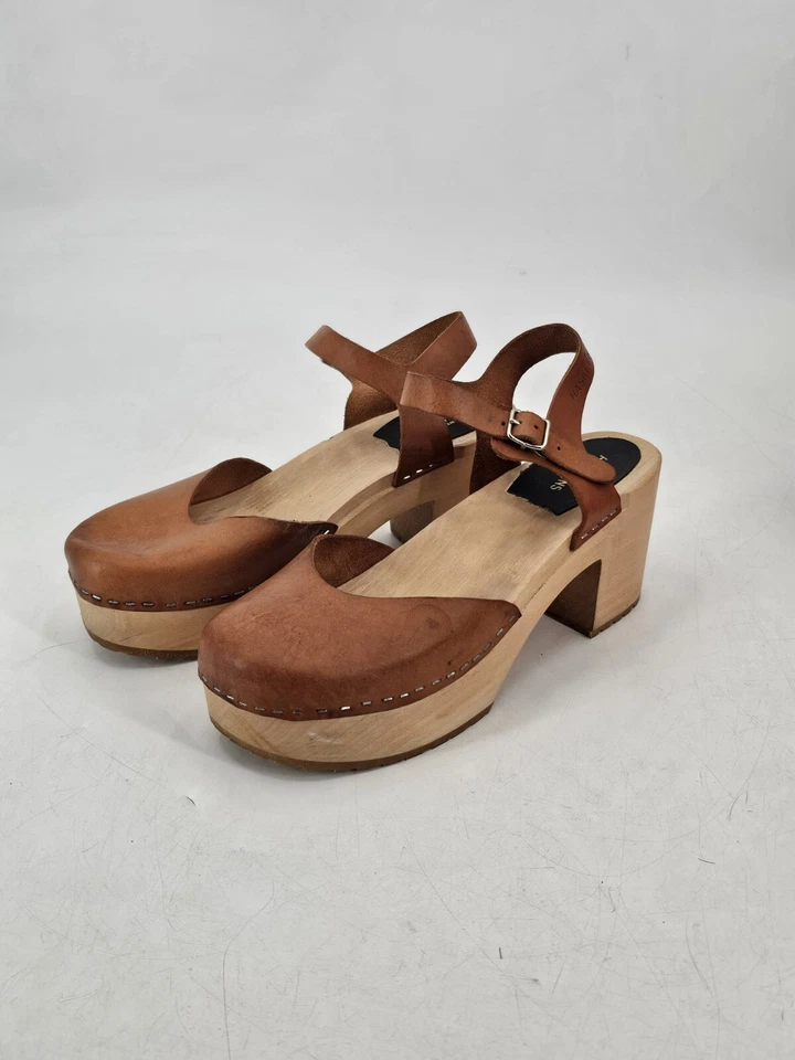 Swedish Hasbeens Brown Ankle Strap Wooden Platform Sandals Clogs Sz 41 Euro - Image 2 of 4