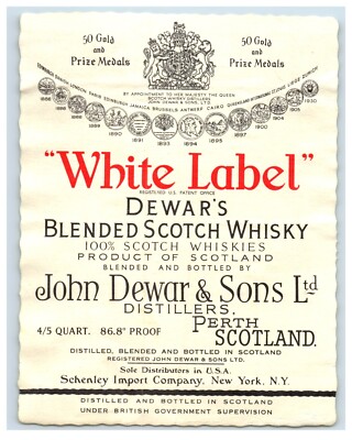 1950's-70's White Label Dewars Blended Scotch Whiskey Label Original S62E