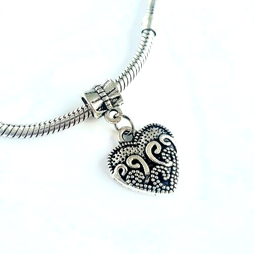 Silver Ornate Love Heart Charm Bead European Bracelet Necklace Pendant Jewellery - Picture 1 of 3