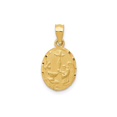 14k Gelbgold Oval Taufe Anhänger mit Taube Weihwasserfontäne Religiös Charm