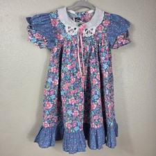 Vintage Made in USA Girls Floral Prairie Dress Lace Collar Pink Blue Size 4