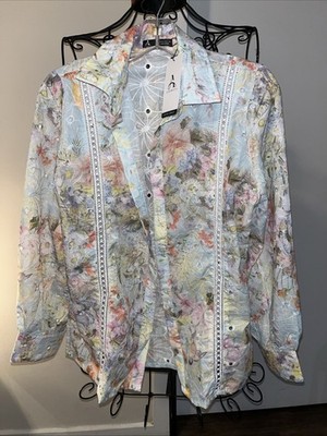 Anewsta Shirt Women  White 3D Floral Button Down Blouse NWT Boho Elegant
