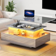 Grey LED Lift Top Coffee Table with Storage USB Power Modern