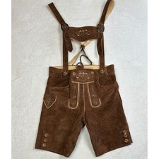Real Leather Brown Lederhosen Embroidered Oktoberfest Trachten Shorts 46
