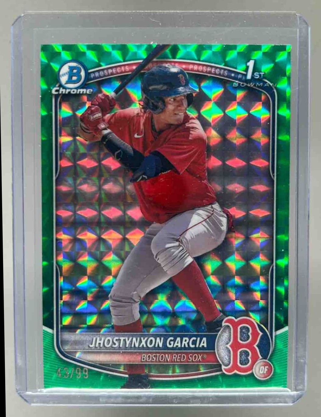 Jhostynxon Garcia 2025 Bowman Green Geometric Refractor Chrome 1st RC /99