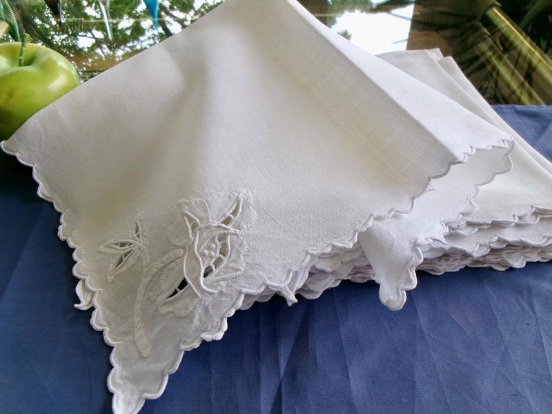 Vintage Set 14 Madeira Linen Napkins Hand Applique Embroidery White Roses 16"sq