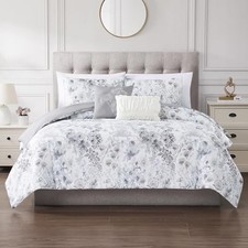 5-Piece Printed Comforter Set, Giverny in White Grey Queen White/Grey/Blue
