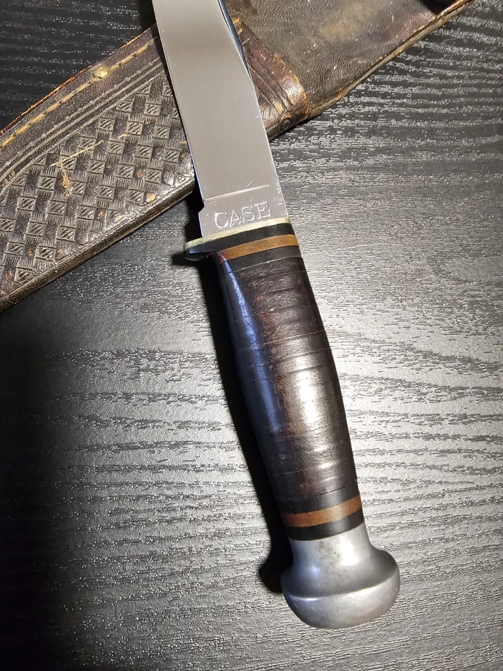 Cuchillo de hoja fija vintage Case 1940-1965 9" - mango de cuero apilado con funda Foto 4 de 4