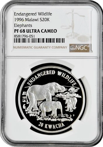 Malawi 20 kwacha 1996, NGC PF68 UC, "Endangered Wildlife - Elephant" silver coin