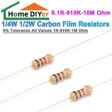 1/4W 1/2W Carbon Film Resistors 5 Tolerance All Values 0.1R-910K-10M Ohm