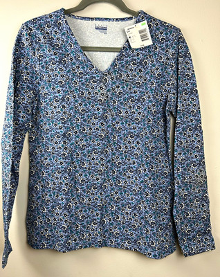 Basic Editions Women s M Blue Floral V-Neck Knit Long Sleeve Top NWT