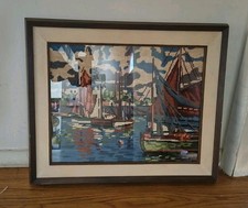 Vtg Colorful Sailing Wharf Coast Needlepoint Scene 22" X 19" Framed