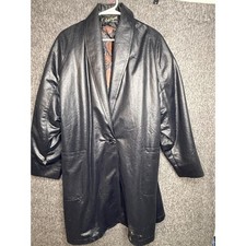 Lady Suzette Vintage Black Liquid Leather Trench Coat Shawl Collar Made in USA