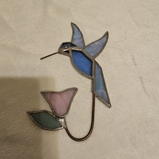Hummingbird With Pink Flower Stained Glass Suncatcher 6x4 Inches