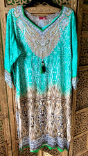 Boho Tunic Dress XXL Green Paisley Tassel India Caftan Flowy Beach Cover Up