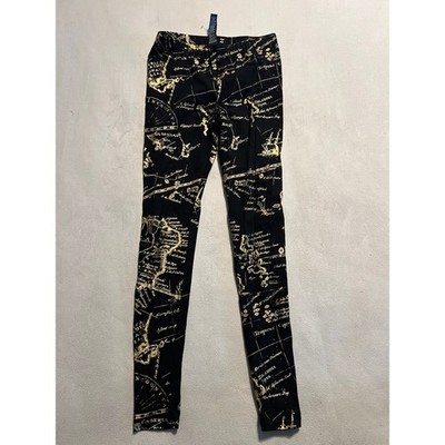 Forever 21 Womens Black Gold Nautical Map Print Leggings Size S Compass Ship