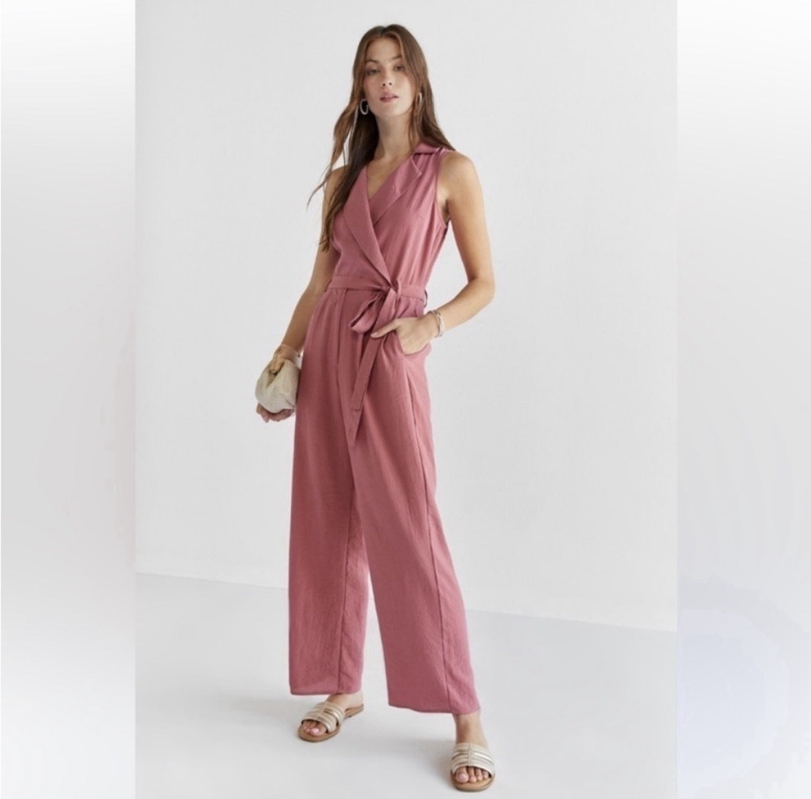 Audrey Parks Women’s Pink Sleeveless Collared Wide-Leg Belted Jumpsuit M
