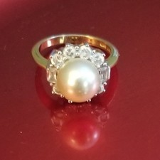 Vintage Mid Century Phuket Pearl CZ Halo Cocktail Ring Stamped Thailand Size 7.5