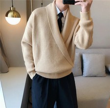 Korean Autumn and Winter Men Solid Color Big V-neck Droopy Personality Sweater F