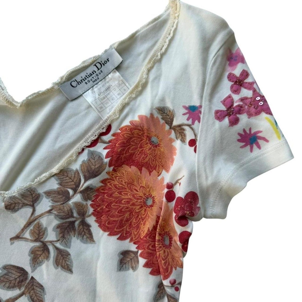 Christian Dior Sequin Jewel Embellished Ruffle Floral Top White 