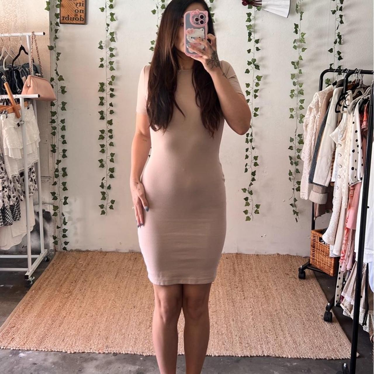Nude bodycon mini dress with short sleeves open low back size S