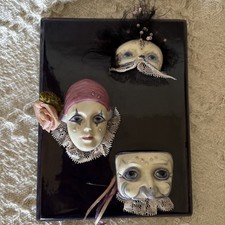 Vintage Mardi Gras Mask Plaque Purple 3 Faces 5.5  x7.5  Ceramic Art