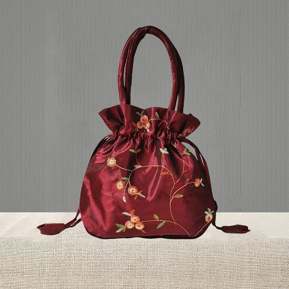 New Womens Small Embroidered Handbag Ethnic Style Drawstring Bucket Bag! - Image 4 of 4