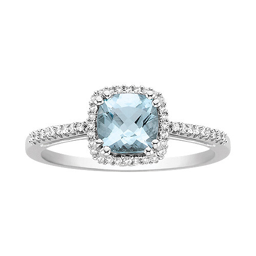 Cushion Aquamarine & Natural Diamond Soliaire With Accents Ring 10K White Gold
