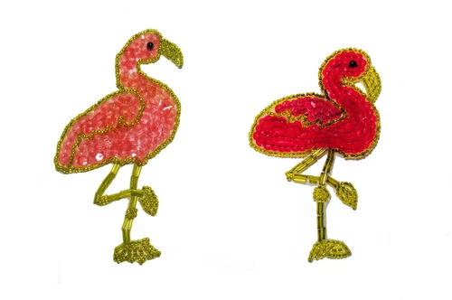 Unotrim 3"x4.5" Pink Yellow Flamingo Sequins Beaded Iron On Applique Patch Motif