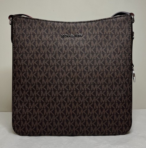 Michael Kors Jet Set Travel Brown RED PVC MK Signature Large Messenger Bag - Picture 3 of 12