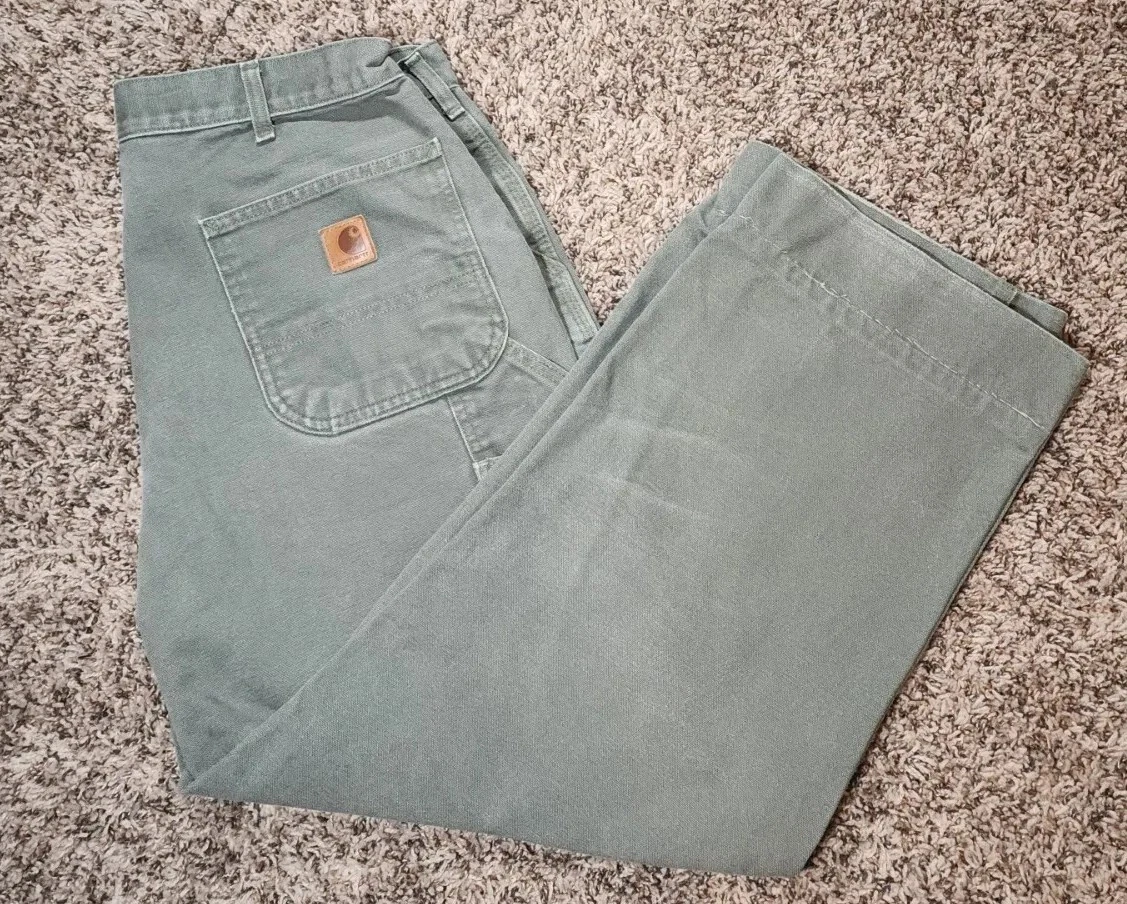 Carhartt Pants Men 34x26.5 Green Canvas Carpenter Loose Fit Workwear B11 MOS