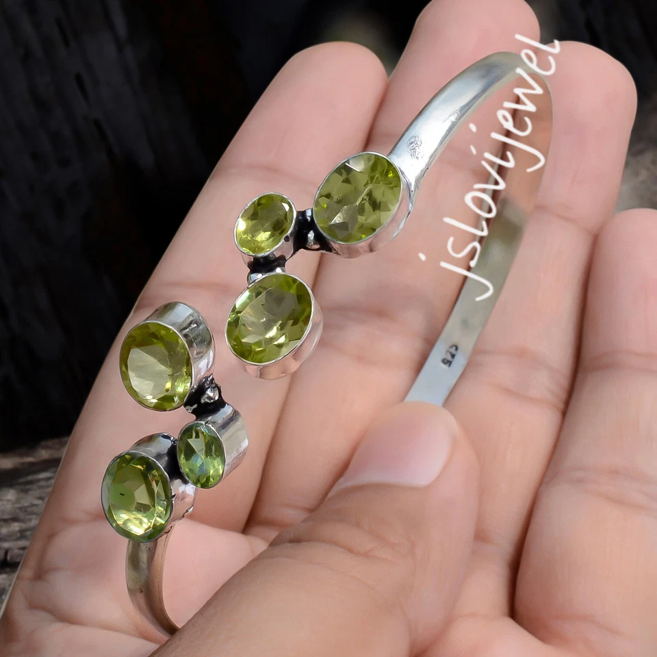 Green Faceted Peridot Gemstone 925 Sterling Silver Handmade New Bangle Bracelet - Image 2 of 4