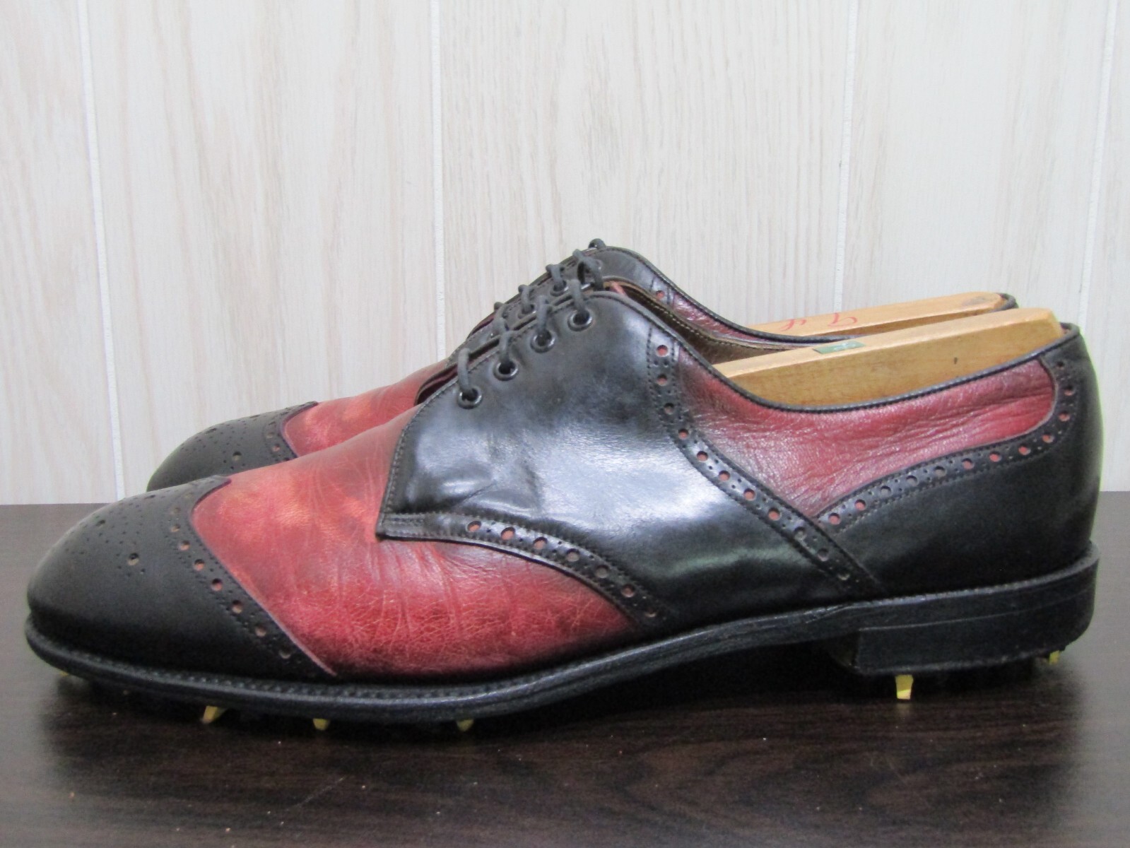 Vintage FootJoy Mens Classics Leather Wingtip Black Red Golf Shoes Size