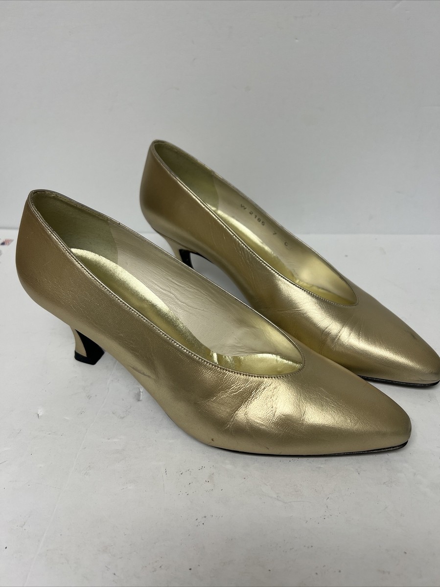 gold satin dress shoes Stuart Weitzman Corniche Natokid Size 7 C 1920s Art Deco gown
