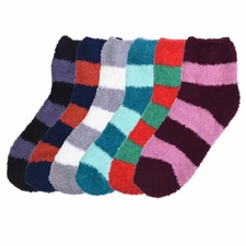 12 Pairs Bulk Women's Striped Assorted Fuzzy Cozy Soft Slipper Socks Warm Winter