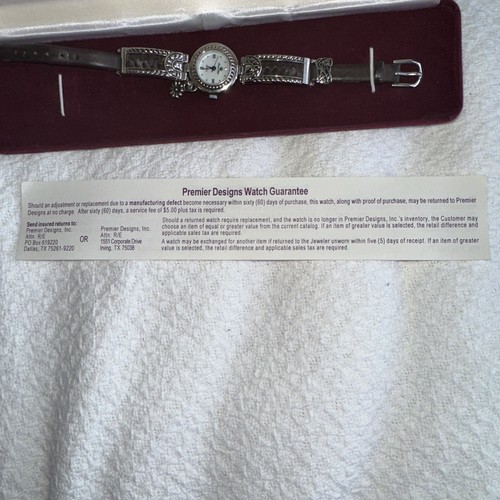 Vtg Watch Women Premier Designs Dainty Flower Charm Leather Band 90s 80s W Box - Picture 9 of 13