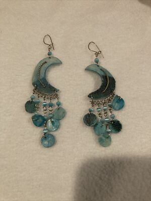 Unique Tie Dye Blue Moon Drop Dangle Self Closure Earrings, Acetate, Beads New!