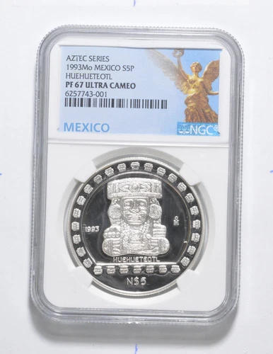 PF67 UCAM 1993 Mo Mexico Silver 5 Pesos Aztec Series Huehueteotl NGC *3477