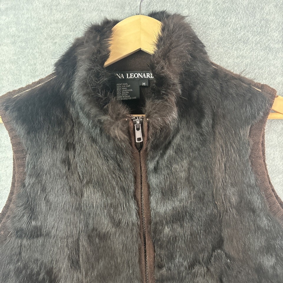 Nina Leonard Real Fur Vest M Wool Angora Back Full Zip Black Brown