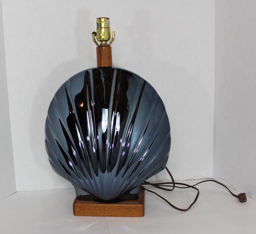Vintage 60s Art Deco Metallic Ceramic Sea Shell Nautical Table Lamp - Thumbnail 5
