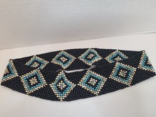 Vntg Southwestern Glass Beaded Stretch Belt Black White Blue Cream Beads