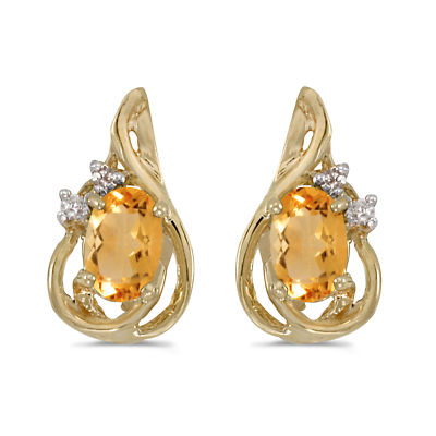 Ohrringe 14 Karat Gelbgold ovaler Citrin und Diamant Tropfen