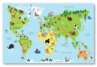 Kids Room Animal World Map Poster Print, wall art nursery decor boys ...