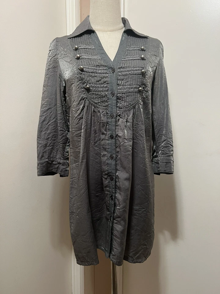 MINE маленькая рубашка серый металлик блузка со складками кнопка спереди - Изображение 2 из 4