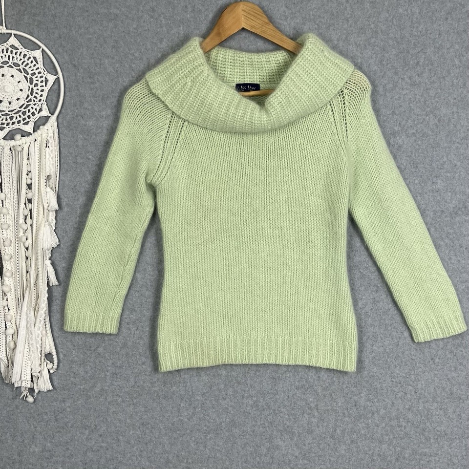 See Saw Jumper Womens S Green Angora Nylon Knit Roll Neck Pullover Preppy