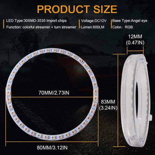 2x 80MM LED RGB Angel Eyes Halo Rings for Motorcycle Car Light APP Control Color - Picture 2 of 9