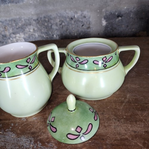 green pink Art Deco lidded sugar & creamer set marked W AUSTRIA on bottom - Picture 6 of 9