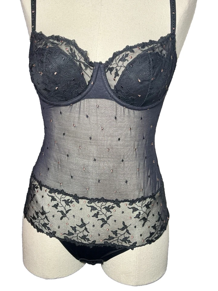 Nuevo BodySuit Marie Jo UW Push Up Acolchado Malla Cobre Lunares Encaje Negro S M 34B 36B Foto 3 de 4