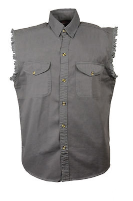 Men's Motorcycle Cut Off Shirt - 100% Cotton Twill Frayed Sleeve Shirt, Lightweight Summer Riding Shirt (Gray, 2XL)